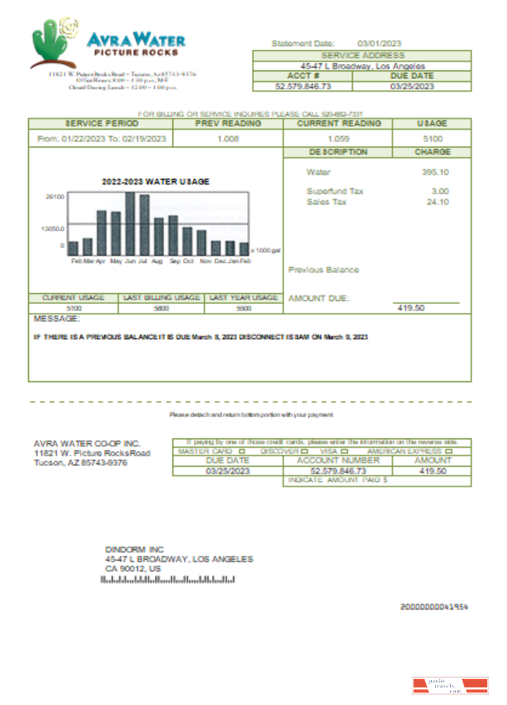 Avra Water Co Op utility business bill, SCR PSD template